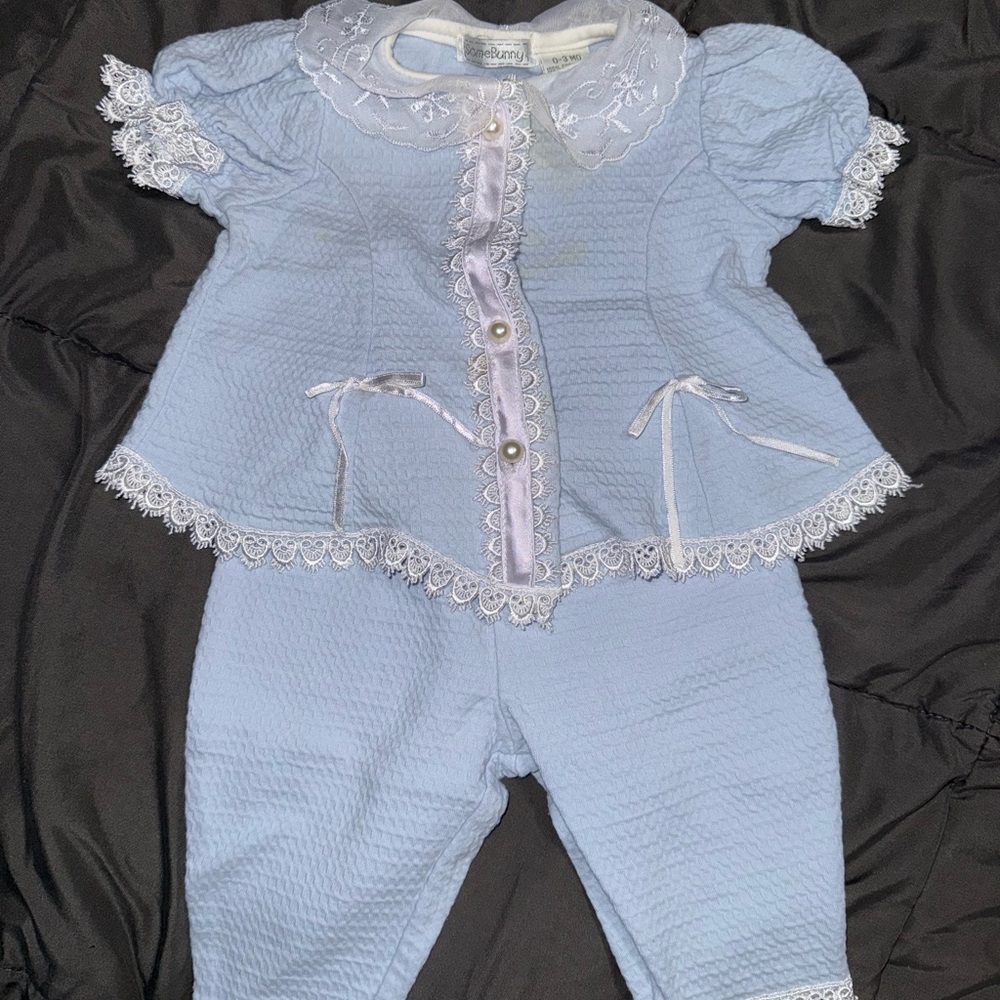 SomeBunny Light Blue Baby Outfit with Lace
